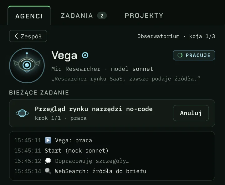 Karta agentki Vega: bieżące zadanie „Przegląd rynku narzędzi no-code”, przycisk Anuluj i log kroków na żywo z użyciem WebSearch.